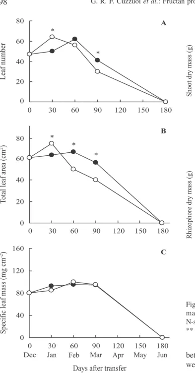 Figure 2. (A) Leaf number, (B) total leaf area (cm 2 ) and (C) specific leaf mass (mg cm -2 ) of plants of V