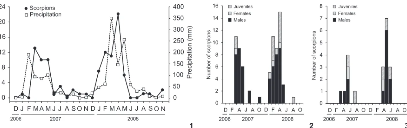 Table I. Results of the Spearman analysis of the absolute abundance of scorpions with climatic variables during each sampling month, as well as with the previous month (indicated with “(-1)”).