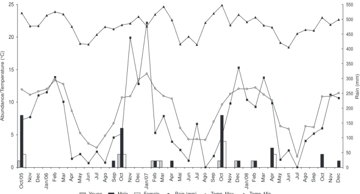 Figure 7. Abundance and temporal distribution of juveniles, males, and females of H. luederwaldti, and the maximum and minimum air temperature and total rainfall in the study months, recorded in the Parque Estadual de Campos do Jordão.