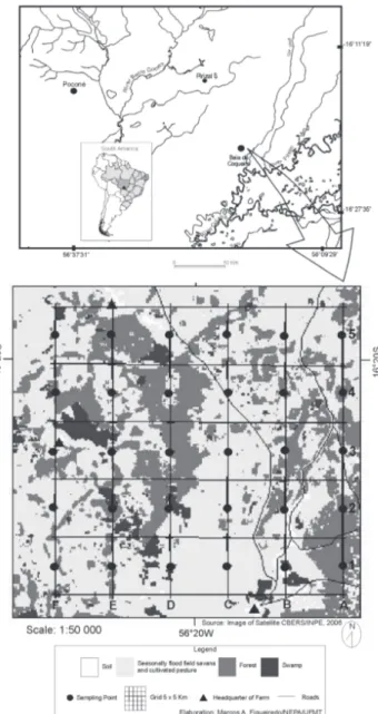 Figure 1. Map of the study area located in the Pantanal, near Poconé, and map of the sampling grid showing the 30 sampling plots distributed in different habitats.
