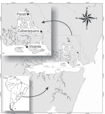 Figure 1. Location of the Guaratuba Bay and identification of col- col-lection sites for plankton and spat samples of native species of Crassostrea