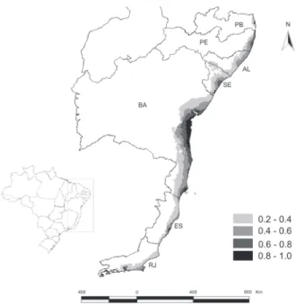 Figure 1. Potential predicted range of P. bahiensis in the Atlantic Forest biome, Eastern Brazil