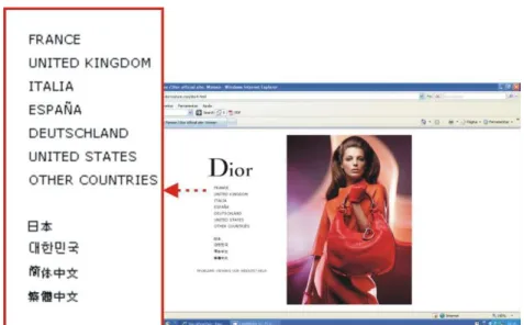Figura 34 - Página inicial do site da grife Dior:  opções de idiomas destacadas 