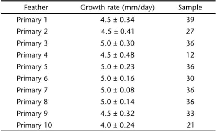 Table IV. Average growth rate in primaries of captive Rock pigeons.