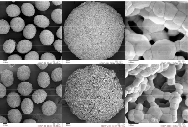 Figure 2. SEM images of  HA-1 (up) and HA-2 (down) microspheres    (a, b: x50; c,d: x190 and e,f: x30000)