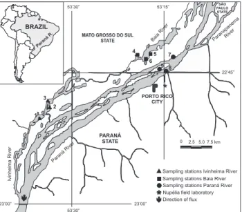 Figure 1. The study area, with the location of the sampling sta- sta-tions in the Upper Paraná River floodplain: PR (1 – Paraná River, 2 – Garças lagoon, 3 – Pau Véio backwater); BA (4 – Baía River, 5 – Fechada lagoon, 6 – Guaraná lagoon); IVI (7 – Ivinhei
