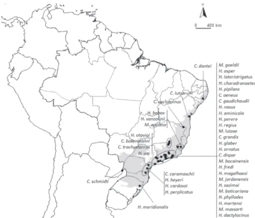Figure 2. Type-localities of Hylodidae species (source: F ROST  2011). The Brazilian Atlantic Forest biome is highlighted in gray