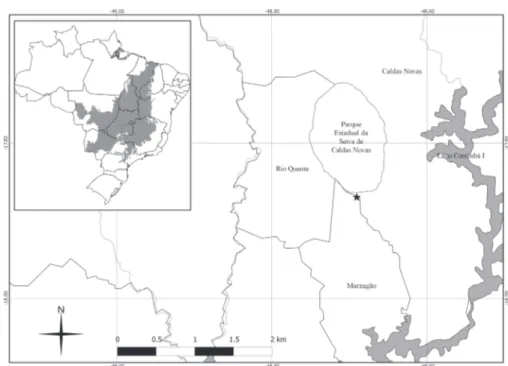 Figure 1. Geographic localization of the artificial pond used as breeding sites by Pseudis bolbodactyla, Municipality of Caldas Novas, Goiás, Brazil.