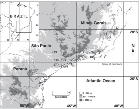 Figure 19. Map showing the 21 known localities for Atlanteuptychia ernestina: (1) Itaipé, MG; (2) Santa Teresa, including the region of Santa Leopoldina, ES; (3) Alegre, ES; (4) Saquarema, RJ; (5) Cachoeiras de Macacu, RJ; (6) Magé, RJ; (7) Petrópolis, RJ;