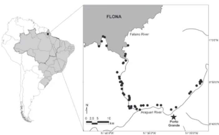 Figure 1. Location of the study area in Amapá State, eastern Bra- Bra-zilian Amazon. The location of the 51 interviews (solid circles) conducted between March, 2011 and May, 2012, and the  near-est urban centre (Porto Grande – solid star)