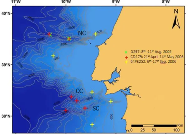 Figure  4:  Bathymetric  map  of  the  11  sampling  stations,  from  central  Portuguese  canyons  (NC- (NC-Nazaré Canyon, CC-Cascais Canyon and SC-Setúbal Canyon), during 2005 (D297) and 2006 (CD179  and 64PE252)