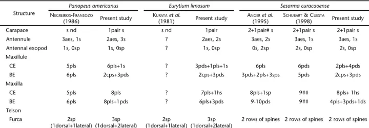 Table III. Morphological comparison between the present study and previous descriptions of Panopeus americanus., Eurytium limosum and Sesarma curacaoense.