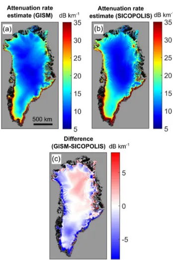 Figure 5. Estimated spatial dependence of depth-averaged atten- atten-uation rate for the GrIS using the Arrhenius model