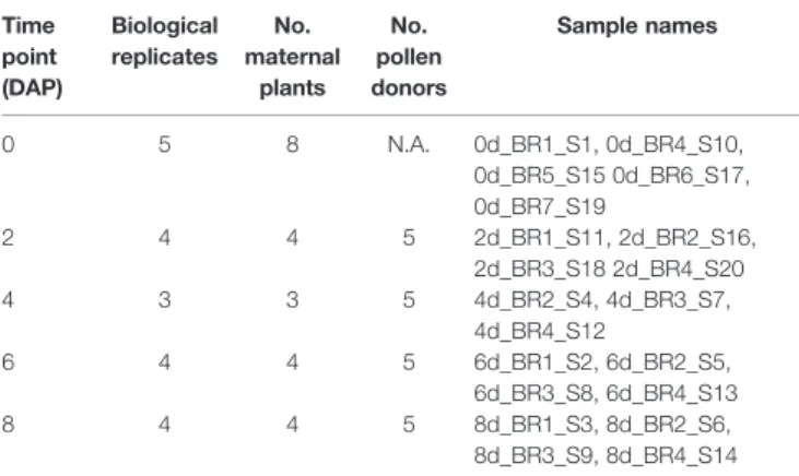 TABLE 1 | Biological replicates of SEC39 ovules and SEC39 x CSS4 hybrid seeds. Time point (DAP) Biologicalreplicates No