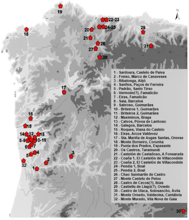Figura 1. Localização e distribuição dos balneários-sauna castrejos conhecidos.