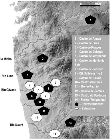 Figura 2. Localização e distribuição dos balneários-sauna castrejos, conhecidos em Portugal, e  das pedras formosas, incluindo-se também a de Armea.
