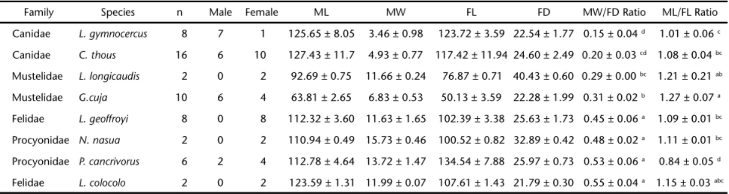 Table II. Descriptive statistics regarding the MW/FD and ML/FL ratios obtained for the thoracic limbs (n = 54) of carnivorans specimens grouped by families (SD)  Standard deviation, (CV) Coefficient of variation .