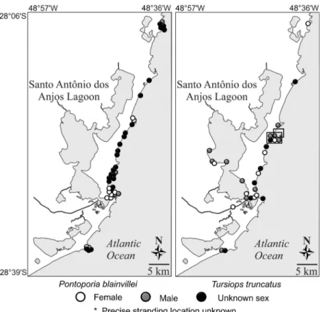 Figure 8. Spatial distribution of strandings of Pontoporia blainvillei and Tursiops truncatus in the south region from 1983 to 2014.