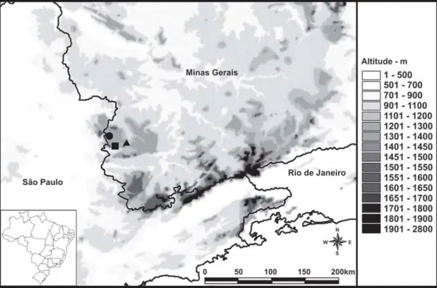 Figura 1 – Localidades de ocorrência de O. leptophylla, Minas Gerais: (z) Morro do Serrote (Poços de Caldas), () Morro do Mel (Andradas) e (S) Pedra Branca (Caldas).