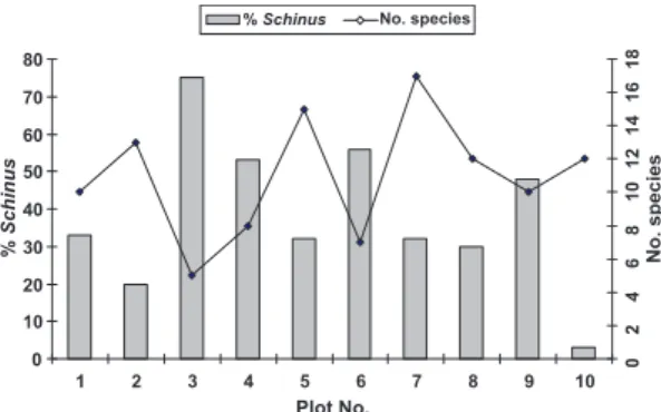 Figure 1 – Number of species and percentage of Schinus terebinthifolius plants per plot in 0.1 ha of restinga forest at Arraial do Cabo, RJ.