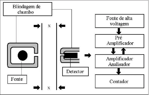 Figura 4. Esquema representativo dos principais constituintes do equipamento de  atenuação da radiação gama de  241 Am utilizado no trabalho