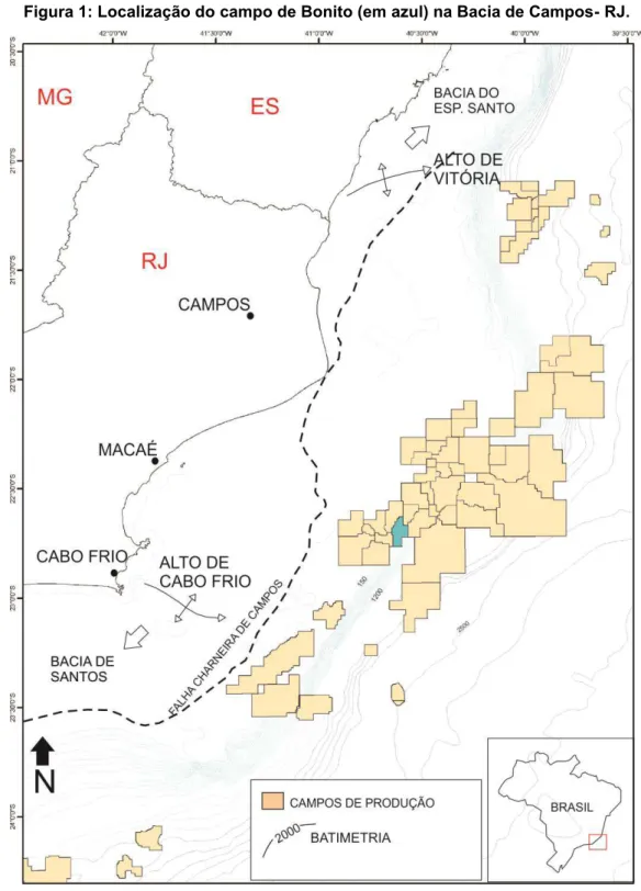 Figura 1: Localização do campo de Bonito (em azul) na Bacia de Campos- RJ. 