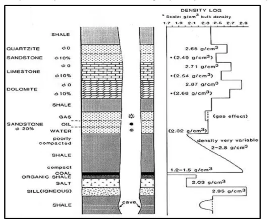 Figura 9: Respostas esperadas de diferentes litologias para o perfil de densidade (RHOB)