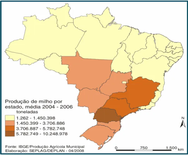 Figura 2 – Produção média de milho por estados no Brasil, em 2004/06  Com base na Figura 2, pode-se observar que o estado com maior produção  de milho, o Paraná, é também o estado com maior produção de frangos, no país