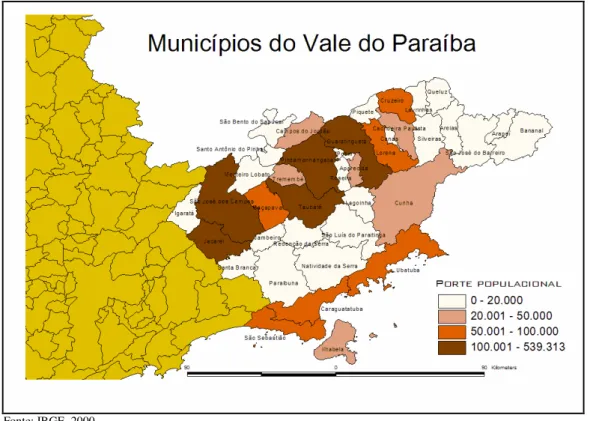 Figura 3 – Mapa dos municípios  do Vale do Paraíba classificados por porte, de acordo  com a Política Nacional de Assistência Social – PNAS/2004   