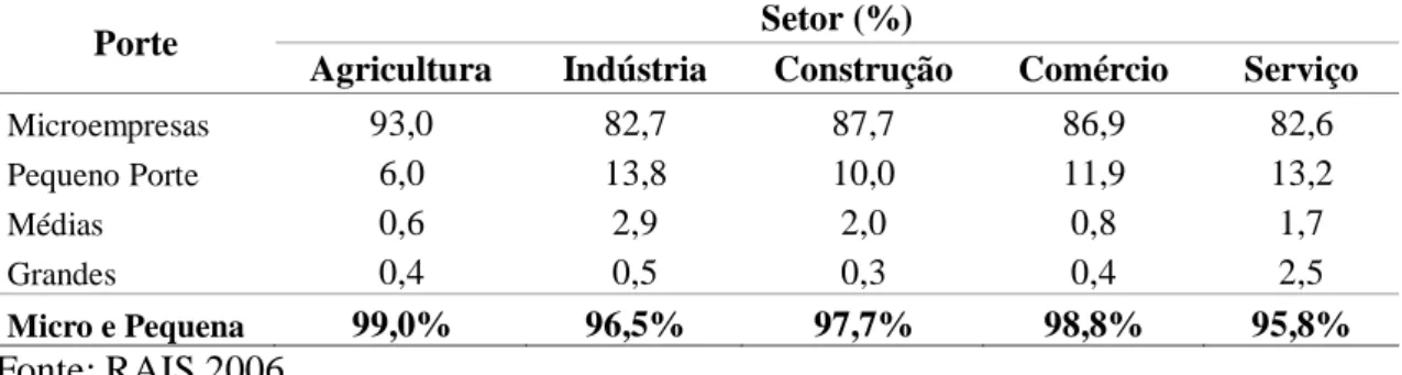 Tabela 3 - Percentual de estabelecimentos no Brasil por setor econômico, distribuídos  segundo o porte