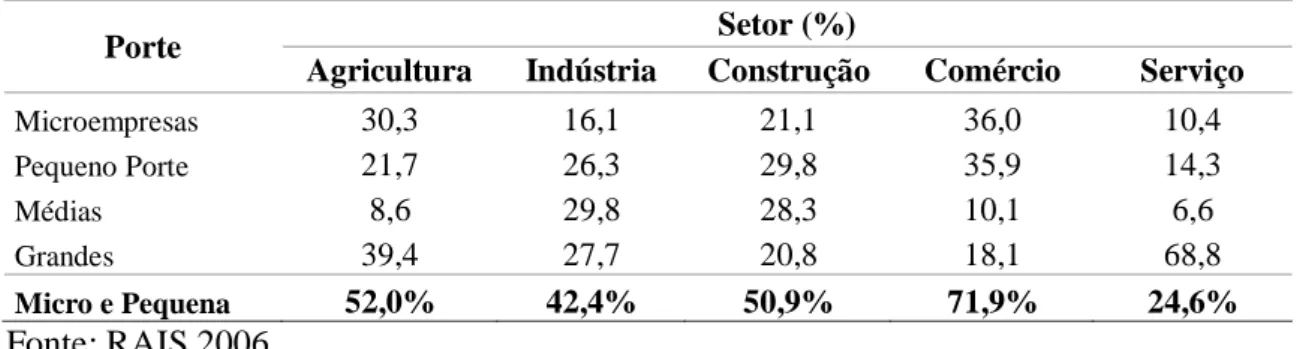 Tabela 9 - Percentual de trabalhadores em São Paulo por setor econômico, distribuídos  segundo o porte