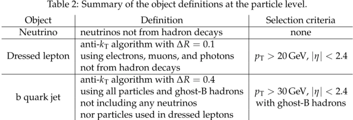 Table 2: Summary of the object definitions at the particle level.