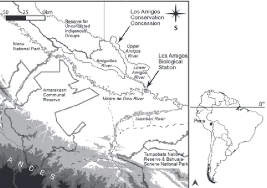 Figure 1. A map of the study area in southeastern Peru showing location of river sections surveyed