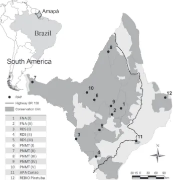 Table I. Location, sample effort and capture index of bats obtained in two rapid biological inventories in Floresta Nacional do Amapá (FNA), three in Reserva de Desenvolvimento Sustentável do Rio Iratapuru (RDSI), five expeditions to Parque Nacional Montan