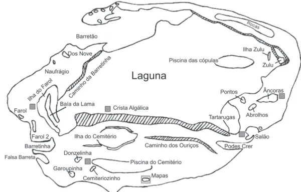 Figure 2. Map of the Atol das Rocas, with squares indicating the location of the sample areas.