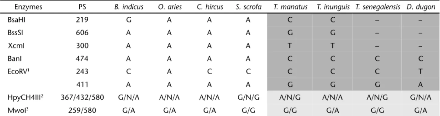 Table II. Sequence positions of SNPs and diagnostic restriction enzymes. (PS) Polymorphic site related to the cytochrome b complete sequence of T