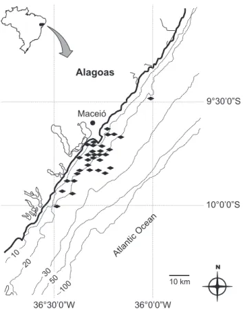 Figure 1. Map of Alagoas coast with the indication of fishing grounds used to exploit sharks by the commercial fleet.