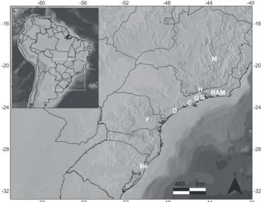 Figure 1. Locations where elevational bird surveys were conducted in Brazilian Atlantic Forests: (B) B UZZETTI  (2000), (Be) B ENCKE  &amp; K INDEL