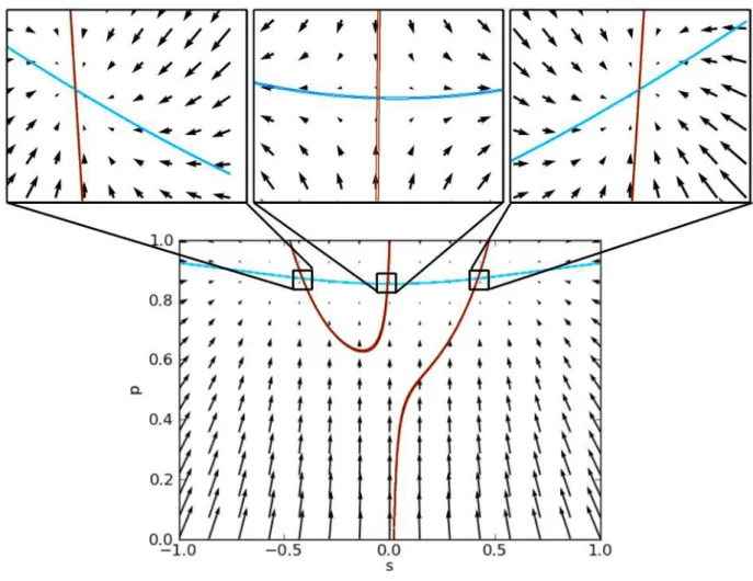 Figure 6: Graphic determination of the stationary configuration of a social syste of voters as solutions of equations (19) (drawn in red) and (20) (drawn in blue), in a case with multiple stationary points