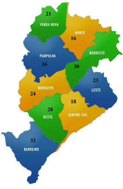 FIGURA 3.2 - Distribuição do número de assentamentos irregulares por regional em Belo Horizonte  (Fonte: URBEL, 2009)
