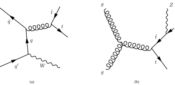Figure 1: Example leading-order Feynman diagrams for (a) t¯ tW and (b) t tZ ¯ production.