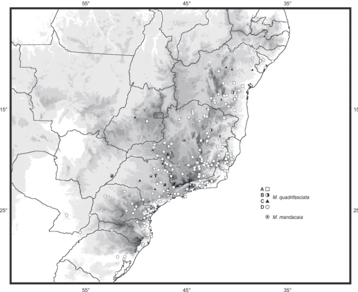 Figure 5. Distribution map for M. quadrifasciata and M. mandacaia. The records of the different patterns of tergal stripes (class A-D) in M