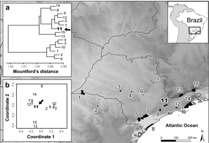 Figure 2. Dendogram with Atlantic Forest regions based on their bird community using Hierarchical Cluster Analysis (Mountford’s distance  coefficient; a) and the Principal Coordinate Analysis of these areas (b)
