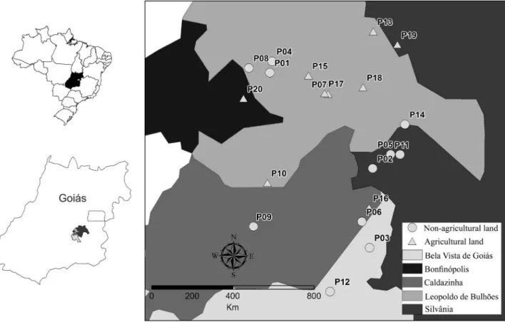 Figure 1. Spatial distribution of the ponds sampled at five municipalities in the state of Goiás.