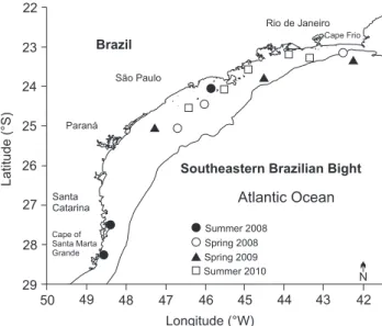 Figure 2. Map of the Southeastern Brazilian Bight (SEBB) showing the  locations of fishing hauls with Trachurus lathami catches by period  (n = 17, some points are overlapped in the map).