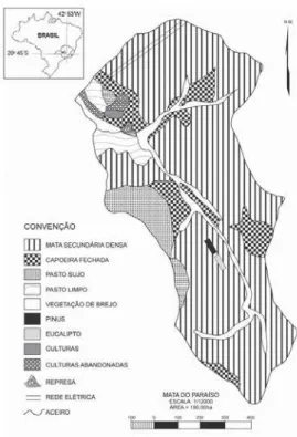 Figura 1 – Mapa com a localização e os ambientes encontrados na Estação de Pesquisa e Educação Ambiental Mata do Paraíso, Minas Gerais, Brasil.