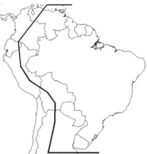 Figura 1 – Abrangência geográfica do presente sistema de classificação fitofisionômica: América do Sul cisandina tropical e subtropical evidenciada pelo traço mais escuro.