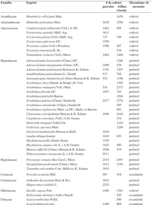 Tabela 1 – Lianas da Estação Ecológica dos Caetetus (SP, Brasil), material testemunho (coletor: R.G