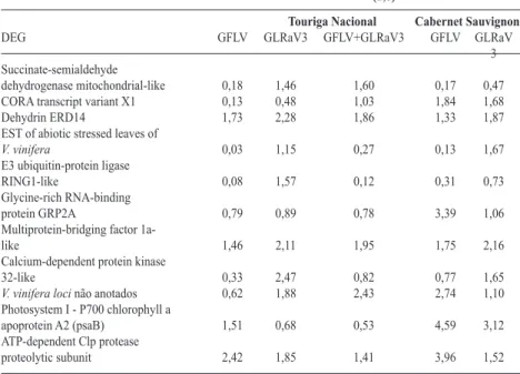 Tabela 1. Expressão diferencial de genes (DEG) validados por qPCR nas castas Tou- Tou-riga Nacional e Cabernet Sauvignon infetadas com os vírus do urticado (GFLV) e do  enrolamento foliar 3 (GLRaV3).