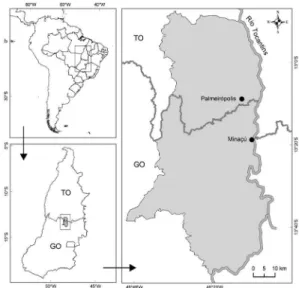 Figure 1 – Study area in the municipalities of the states  of Goiás (GO) and Tocantins (TO), Brazil.